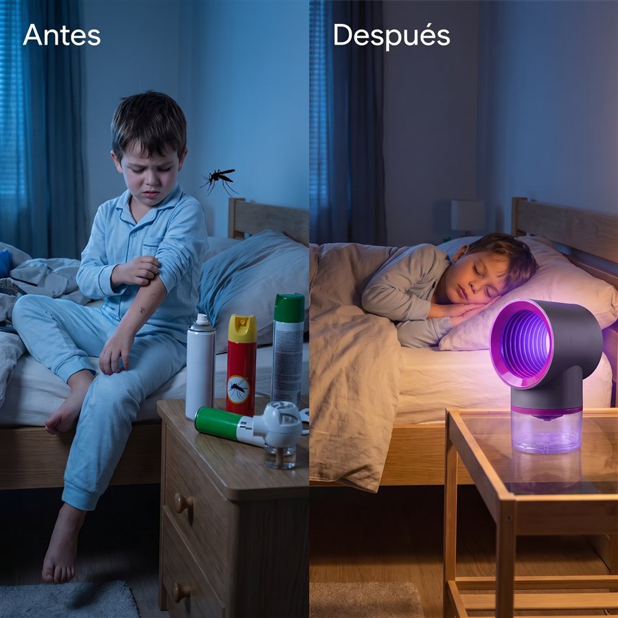 Antes: niño molesto entre sprays. Después: niño dormido con la lámpara