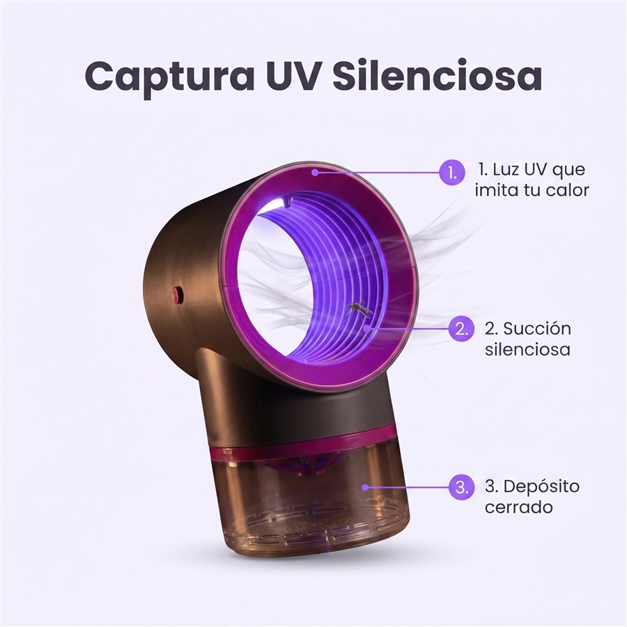 Captura UV Silenciosa: luz UV, succion silenciosa y deposito cerrado