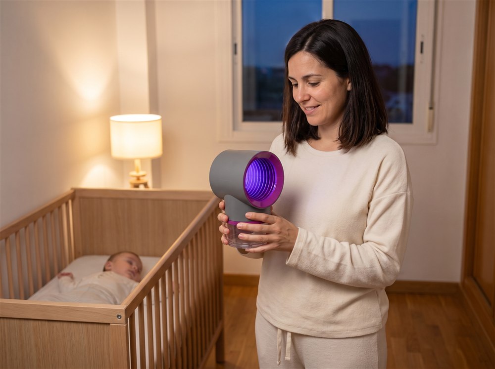 Madre sosteniendo la lampara junto a la cuna del bebe