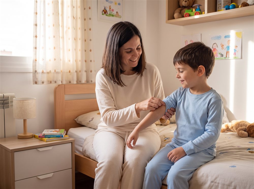 Madre revisando el brazo limpio de su hijo