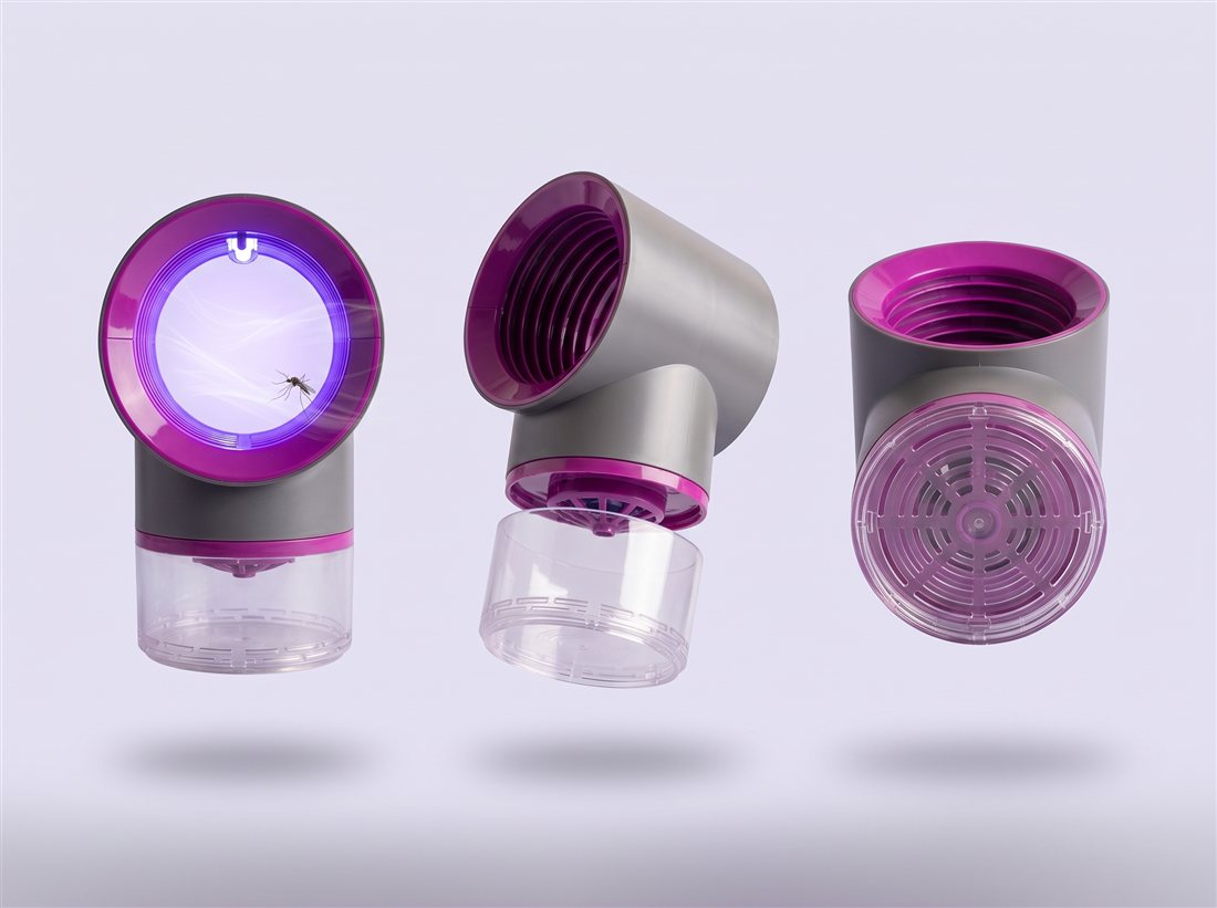 Mosquito Killer en tres ángulos: luz UV, depósito extraíble y rejilla de succión